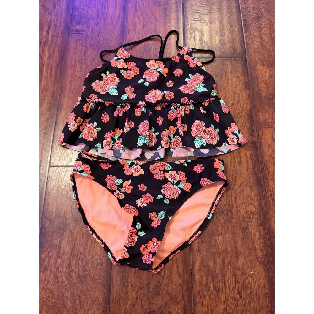 Art Class Tankini Swimsuit Kids XL 14/16 Black Floral Ruffle 2pc Excellent